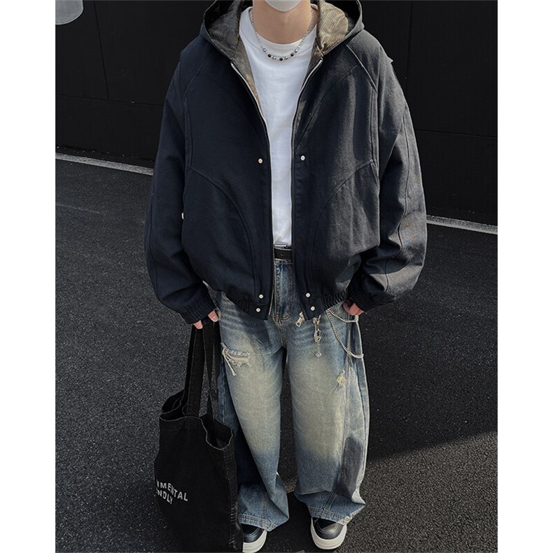春秋重磅复古蟒纹印花连帽休闲外套男潮日系宽松情侣夹克J04/P120,男装夹克,电商B209