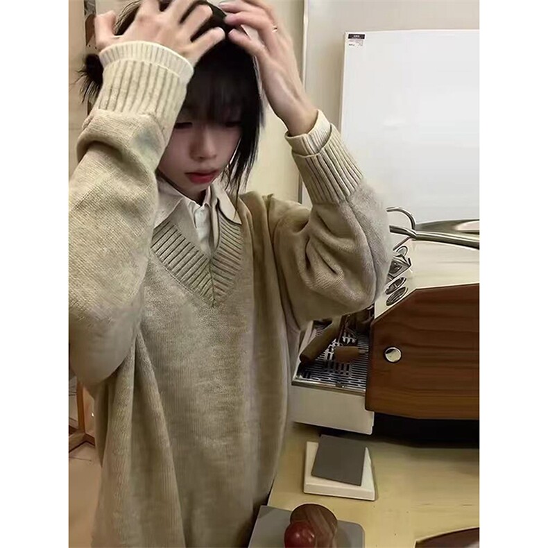 网图A2310TP65-秋冬翻领美式复古纯色衬衫领男女款休闲假两件毛衣,男装针织衫/毛衣,电商B241