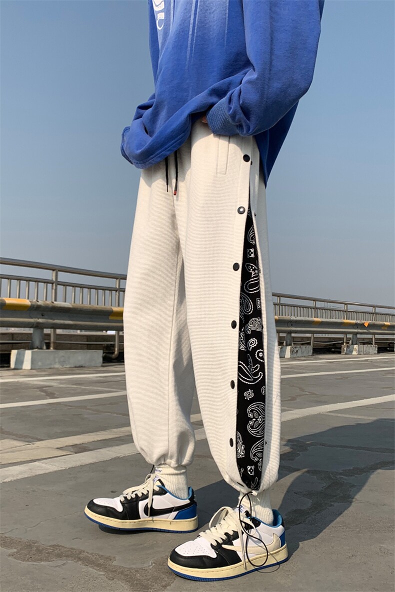 春季新款条纹拼接华夫格垂感排扣大码宽松休闲裤A161-K7271-P55,男装休闲裤,电商A161-2