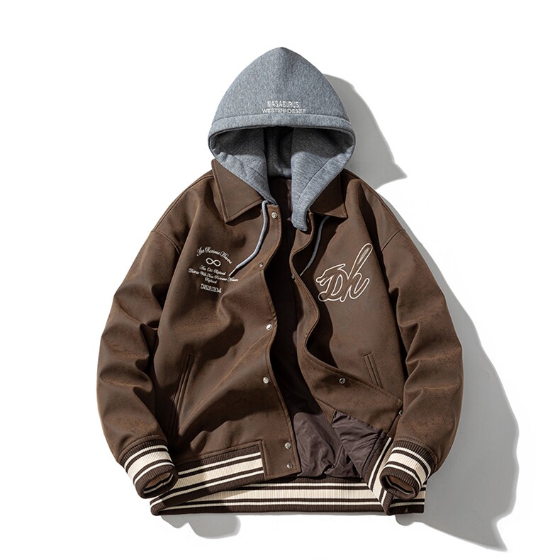 现货三色字母PU皮棒球服外套秋冬棉服带帽可拆卸,男装棉衣,电商A105