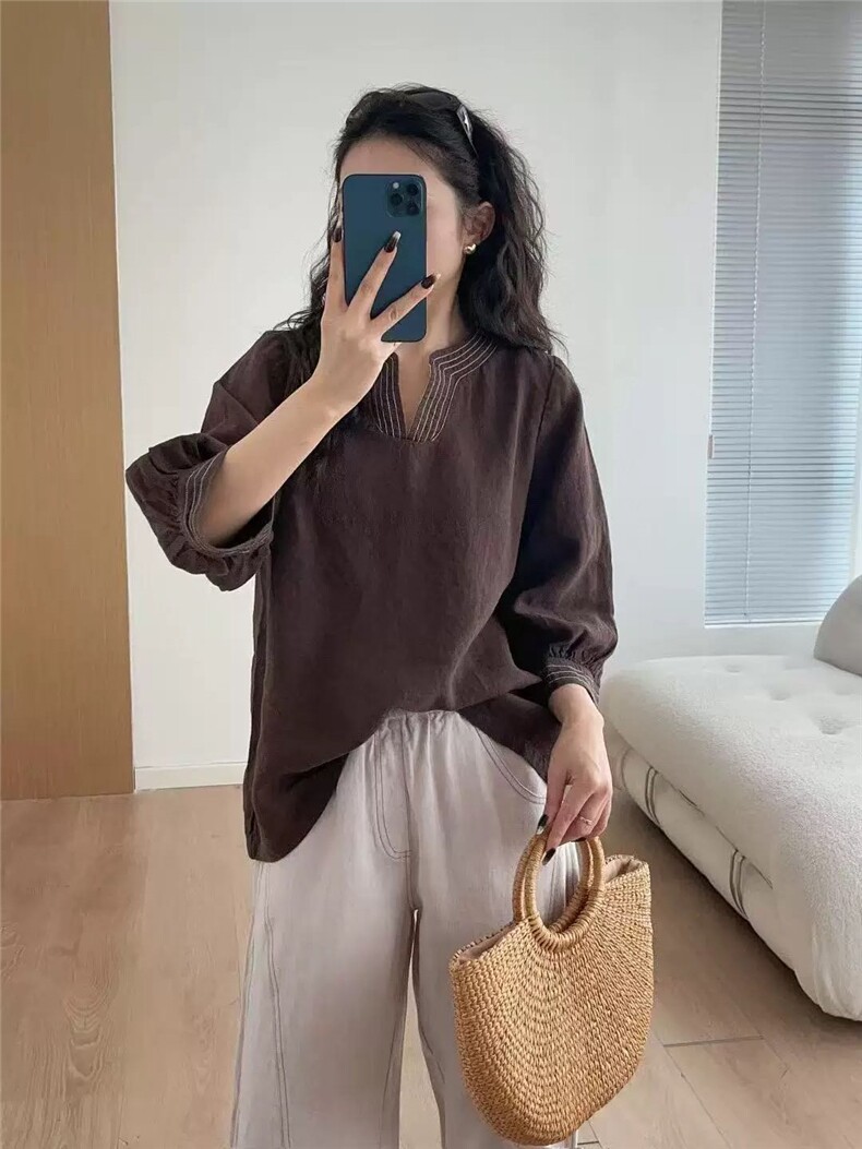 天丝亚麻撞色V领明线设计感百搭宽松上衣,女装衬衫,湘姗