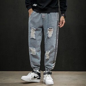 2021春秋季新日系大码男束脚印花撞色拼接九分破洞牛仔裤N8105-P50图片