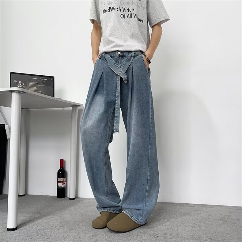 复古直筒蓝色牛仔裤男女春夏季新款韩系宽松百搭拖地阔腿裤子，男装牛仔裤，四季星座505