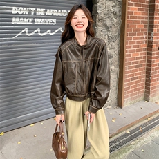 复古港风炸街皮衣夹克外套女2025春秋季新款宽松显瘦时尚短款上衣，女装皮衣，C位