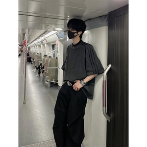 美式高街黑色褶皱伞兵休闲裤男vibe风宽松微喇阔腿哈伦裤子 KT86图片