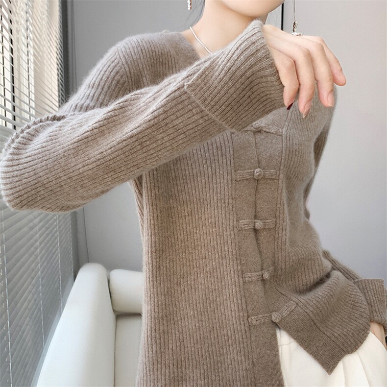 盘扣抽条开衫女2024年秋新款外套羊毛衫,女装羊毛衫,北娇羊绒