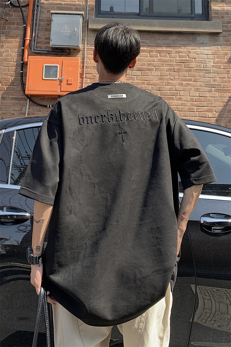 情侣装高街潮设计鹿皮绒刺绣情侣短袖T恤上衣绣花G1051P35男,男装T恤,电商A339