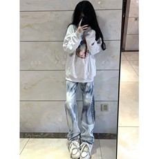 美式扎染牛仔裤设计感高街直筒宽松显瘦阔腿坠感长裤子，男装牛仔裤，星座506A