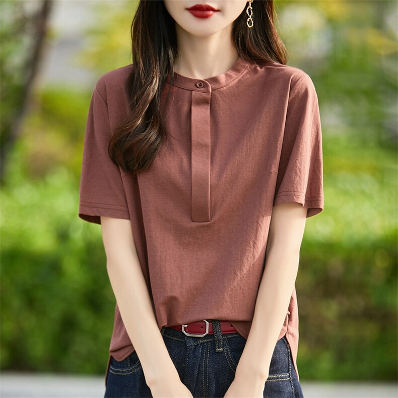 天丝棉麻立领短袖衬衫女夏季新款简约纯色百搭半开领半袖宽松上衣,女装衬衫,臻维羊绒