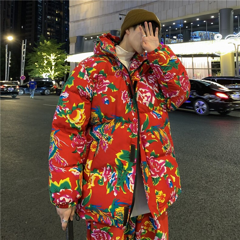 MY206东北大花连帽加厚保暖防寒棉衣外套风特色棉服情侣花衣,男装棉衣,星座115A(原星座507）