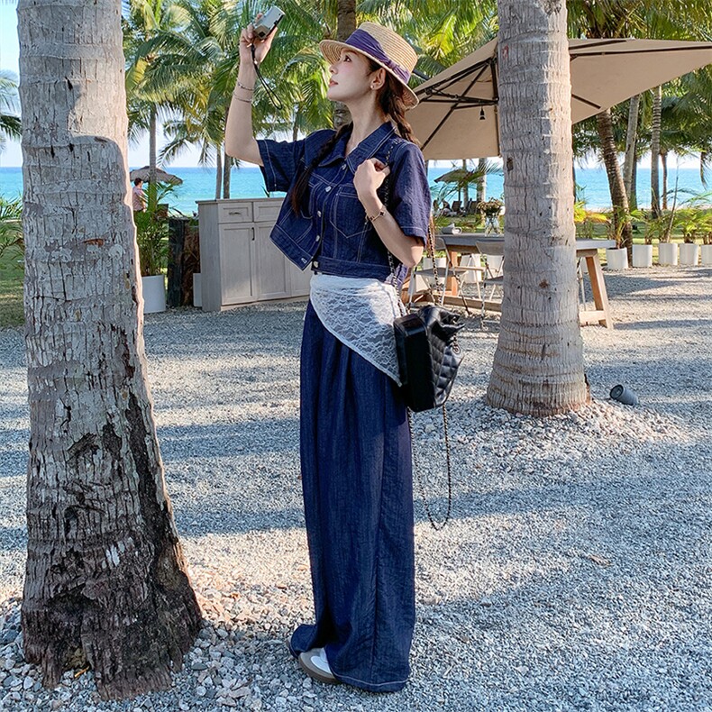 复古轻薄牛仔套装女2025夏季新款时尚显瘦翻领短外套阔腿裤两件套图片