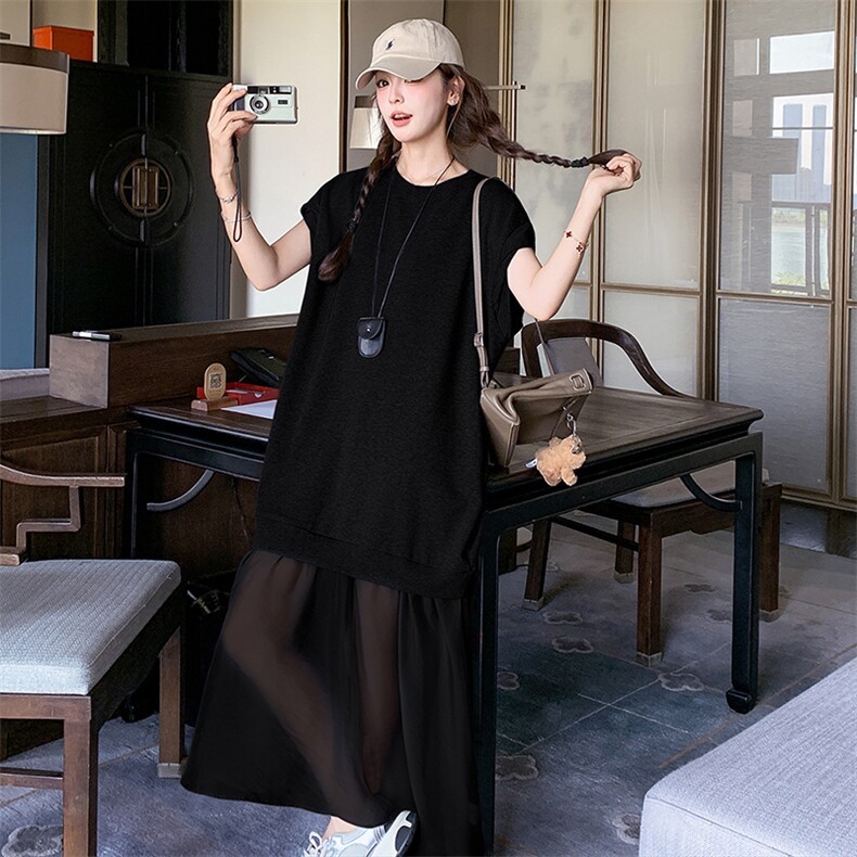 灰色针织拼接连衣裙女夏季新款设计感休闲显瘦百搭别致长裙卫衣裙,女装连衣裙,浙宝305