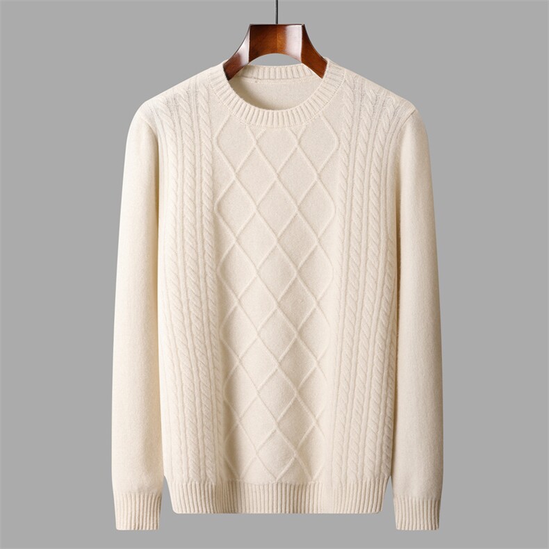 2025秋冬百搭时尚简约加厚圆领菱形扭花针织，男装羊绒套衫，盛欣羊绒