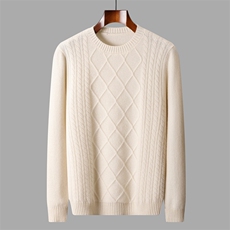 2025秋冬百搭时尚简约加厚圆领菱形扭花针织，男装羊绒套衫，盛欣羊绒