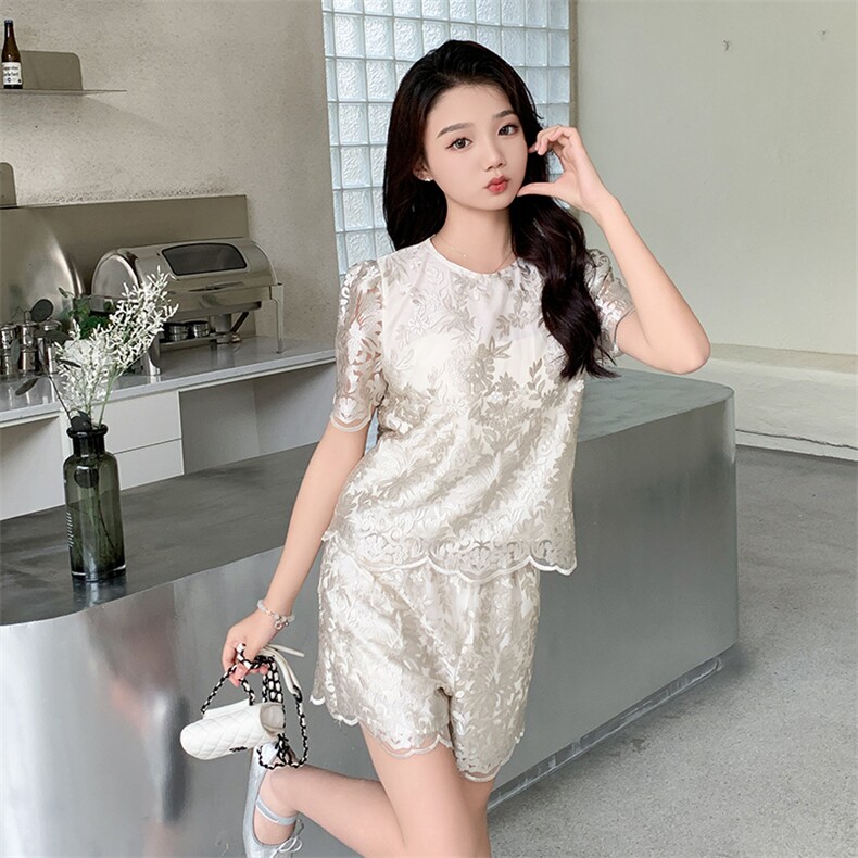 现货新中式蕾丝套装女2024年夏季新款百搭高端气质时髦两件套女装,女装套装/套裙,网红馆