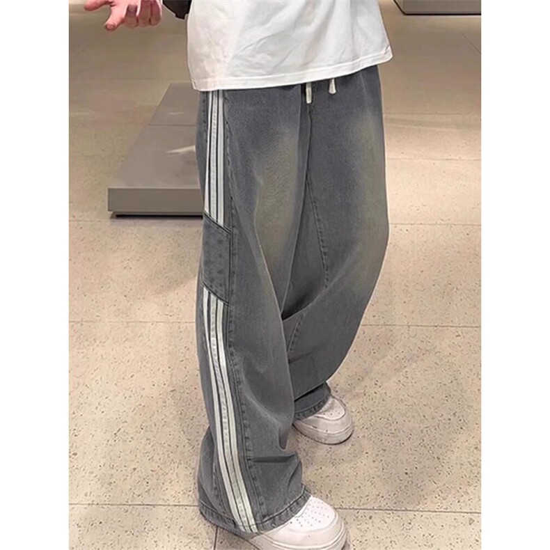 美式三条杠直筒牛仔裤男秋季抽绳裤子宽松显瘦条纹阔腿裤XD773,男装牛仔裤,星座208-5