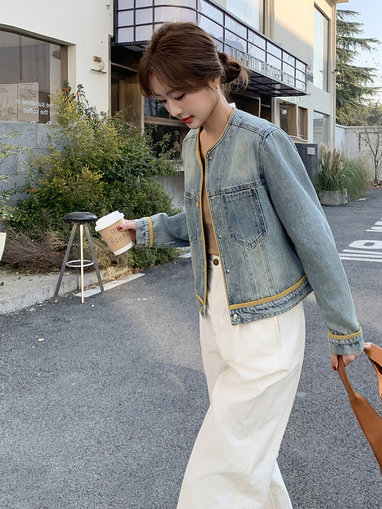韩版休闲圆领撞色牛仔外套女2025早春新款小个子减龄宽松夹克上衣,女装牛仔外套,蝶眷
