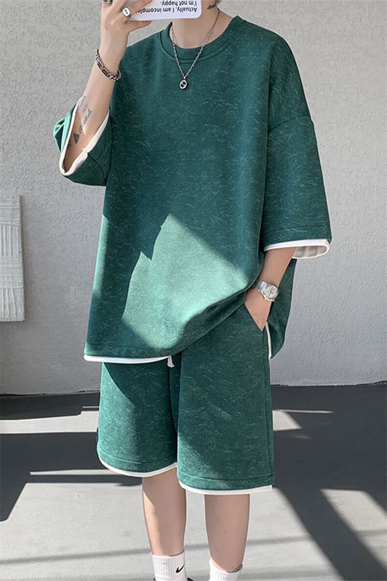 TZ775-特P50控88新款撞色拼接假2件套装短袖短裤T恤大码百搭,男装休闲套装,电商A059