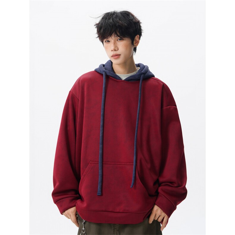 现货WY10166-特P48 加绒P55 美式复古撞色解构拼接大码男卫衣图片