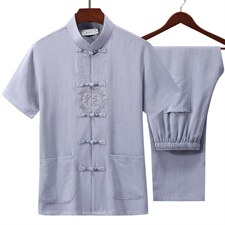 高档唐装太极服中式刺绣立领短袖棉麻风时尚男套装YD1802-P70，男装民族服装，星座1105-3