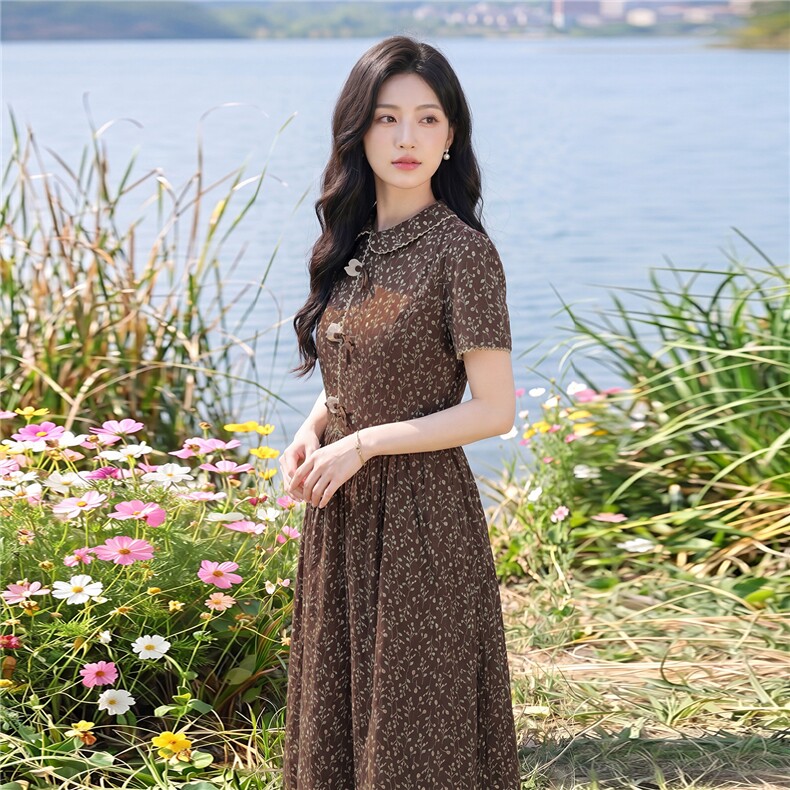 全棉碎花连衣裙夏季新款收腰显瘦田园风优雅裙子,女装连衣裙,水衣源