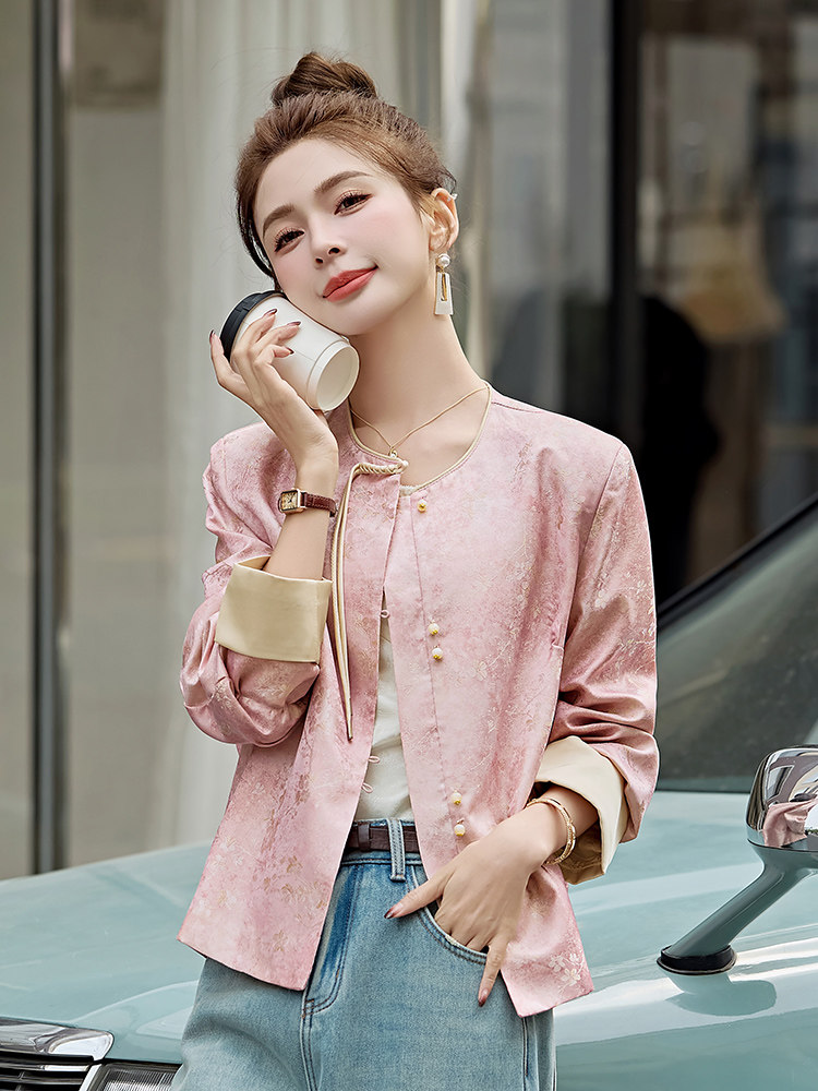粉色提花新中式国风外套女2025新款改良流苏盘扣开春超火唐装上衣,女装套装/套裙,天丽
