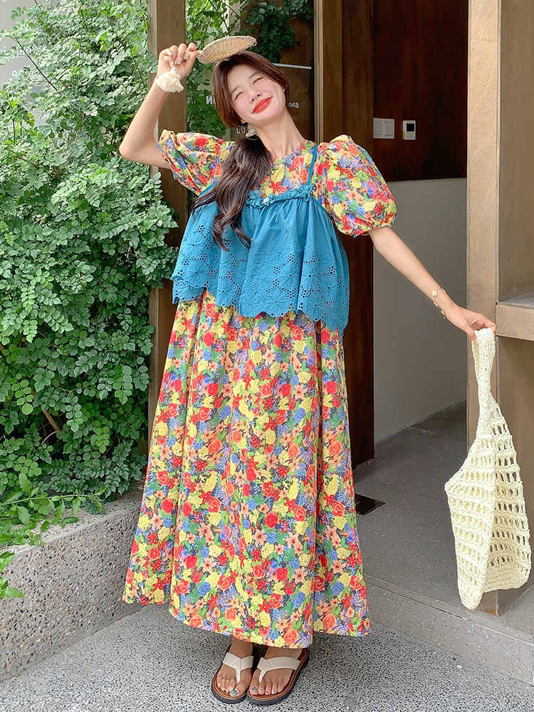 泡泡袖碎花马甲连衣裙女夏2025新款浪漫小众设计感两件套爆款流行,女装套装/套裙,浙宝220