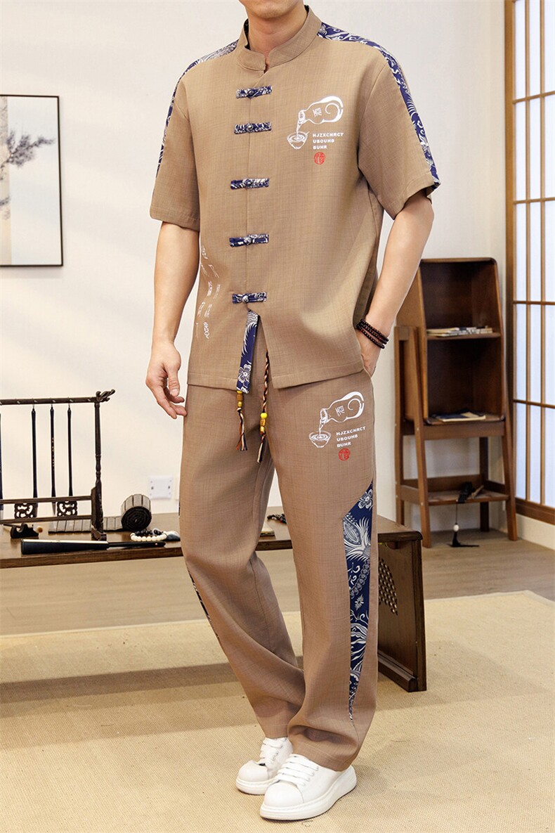 潮风套装男新中式短袖衬衫时尚休闲长裤两件套JZ305-P63,男装T恤,星座310B-3