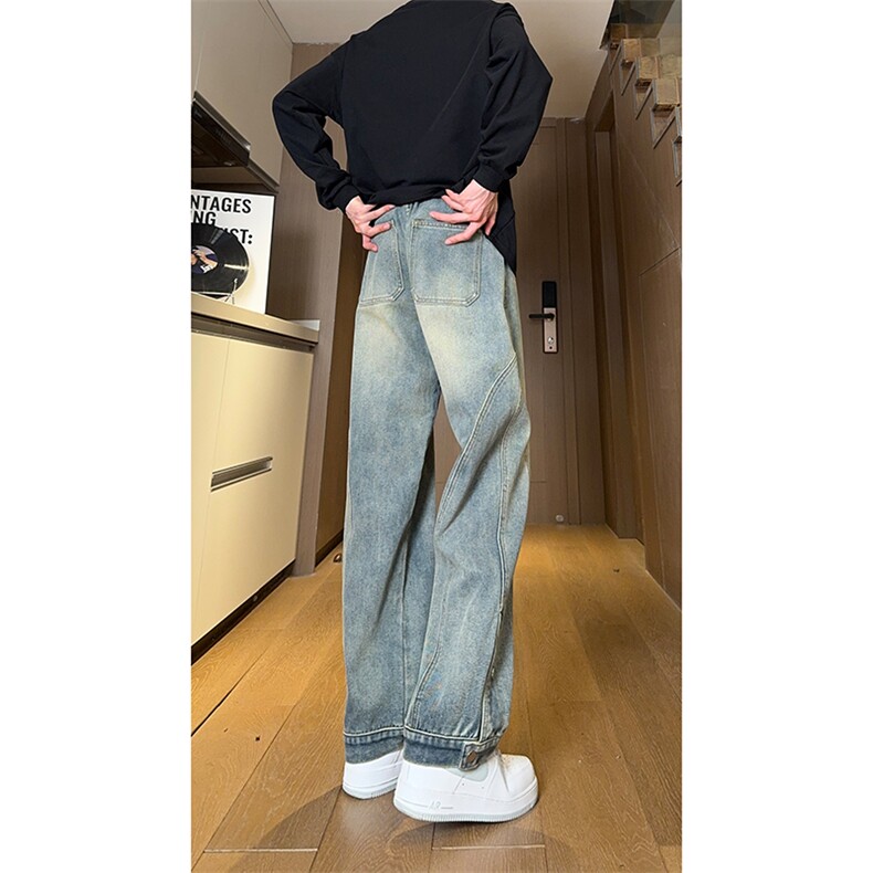 现货复古蓝开衩扣子牛仔裤男美式休闲直筒阔腿裤K5821-P55控78，男装牛仔裤，星座205