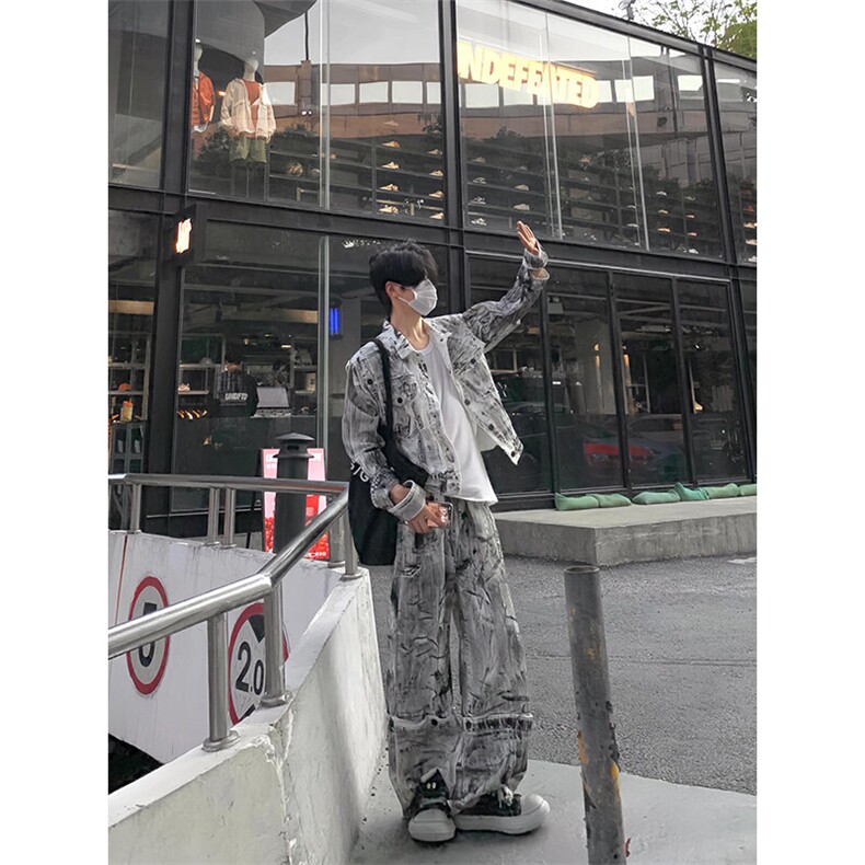 牛仔外套套装高级感痞帅一套扎染微喇裤JK100特P90NZ100特P65,男装工装外套,星座908-1