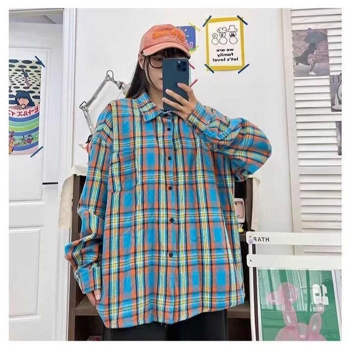 C264-P37美式高街蓝色格子衬衫男长袖vintage日系复古衬衣,男装衬衫,电商B323A