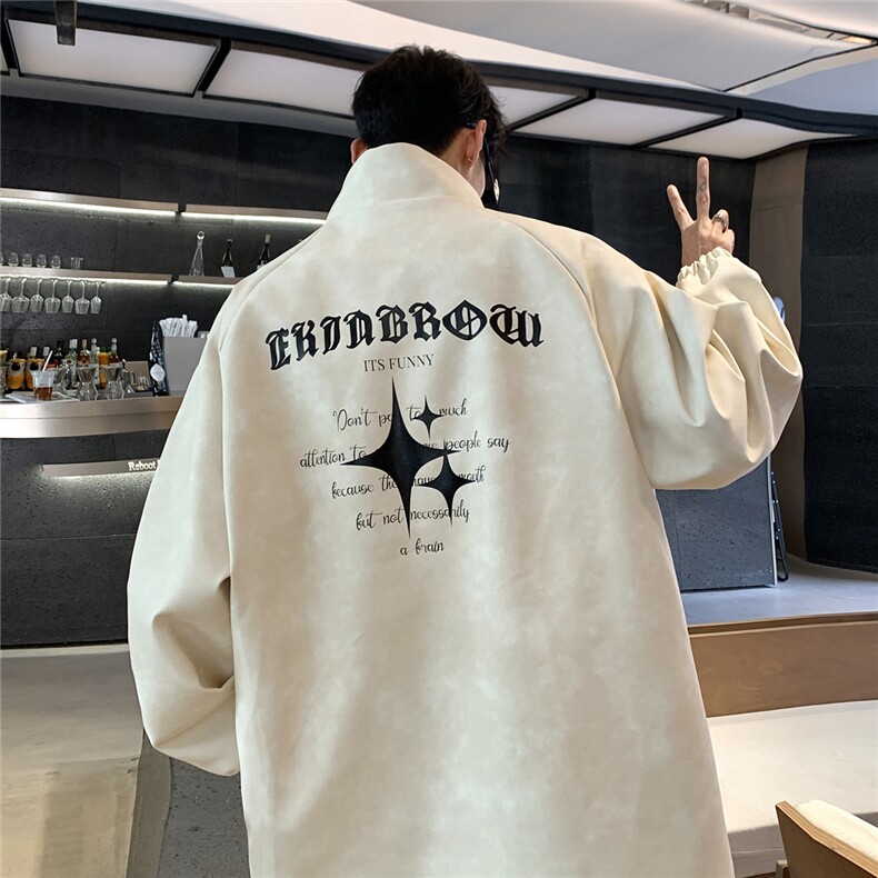 港风PU皮复古做旧可拆卸四芒星胸针设计夹克男JK77757P90控128,男装夹克,星座226-1