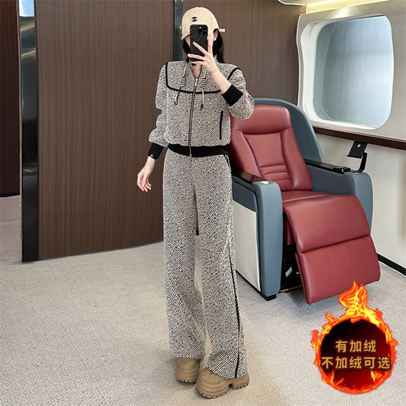 时尚显瘦加绒开衫卫衣阔腿裤两件套女冬季新款休闲套装,女装套装/套裙,江南