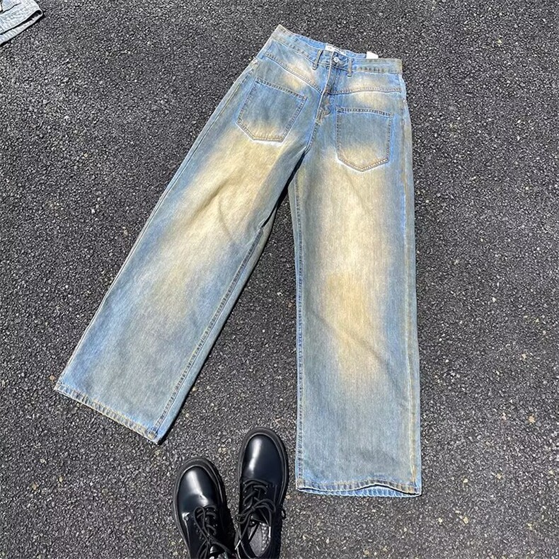 做旧水洗阔腿牛仔裤女春秋宽松设计感高腰直筒垂感长裤,男装牛仔裤,星座716-3