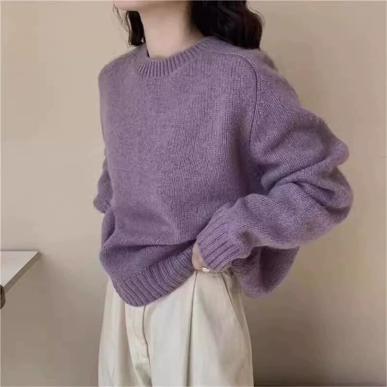 秋冬羊毛针织衫女圆领韩版慵懒风宽松纯色打底衫图片