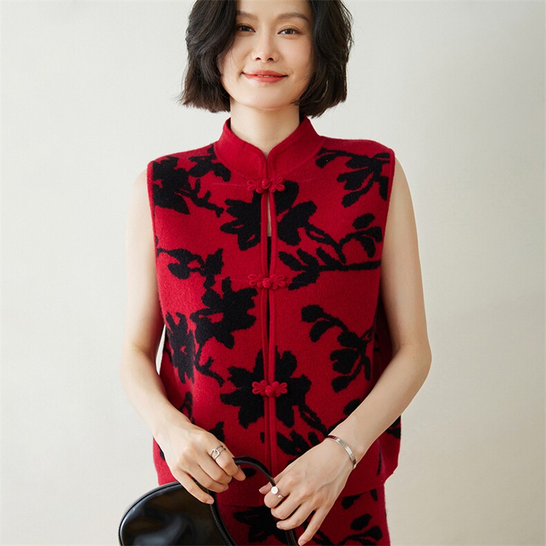 优雅花朵盘扣羊绒马甲时尚百搭无袖外套舒适四季,女装马甲,迎冬羊绒