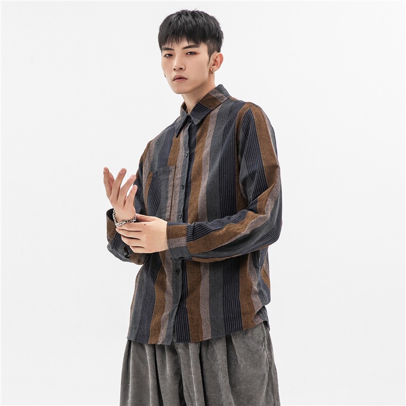 20秋冬大码中国风日系港风文艺中性衬衫上衣外套亚麻条纹 C41/P65图片