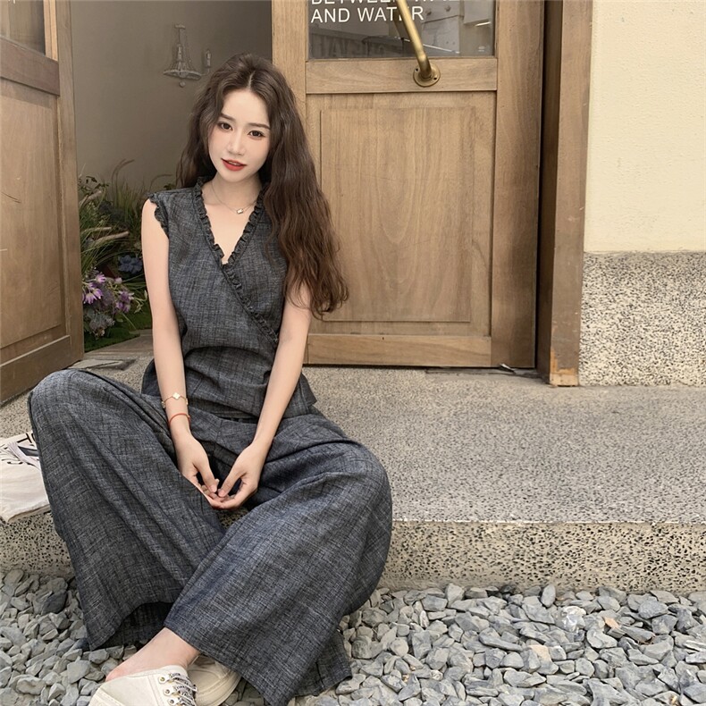 休闲风时尚套装夏季阔腿裤无袖复古显瘦上衣法式收腰图片