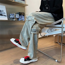 美式高街hiphop做旧牛仔裤男设计感ins潮牌复古阔腿长裤N9393-P45，男装牛仔裤，星座1008
