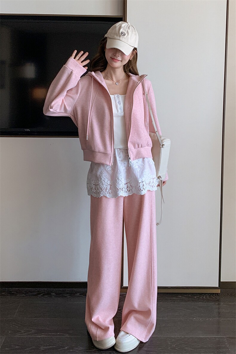 连帽开衫卫衣蕾丝半裙休闲长裤三件套2C317A-8508-P180-K248,女装套装/套裙,2C317A