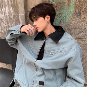 有货。登山布拼皮夹克W6975-P65，男装夹克，星座412-3