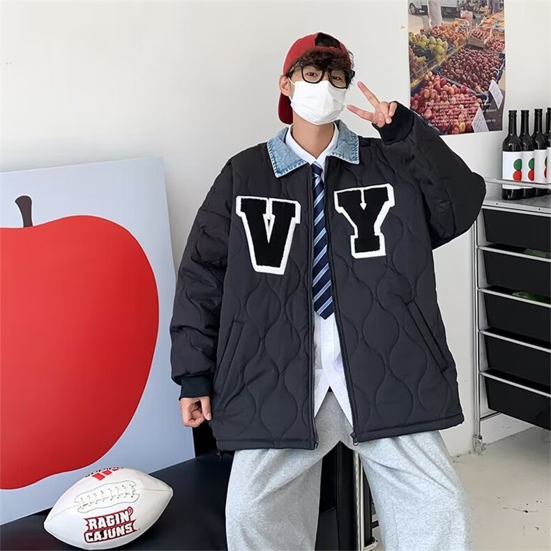 冬天新短款情侣潮牌潮流ins设计感拼接棒球服衬衫领棉袄外套男女,男装夹克,星座1210-1