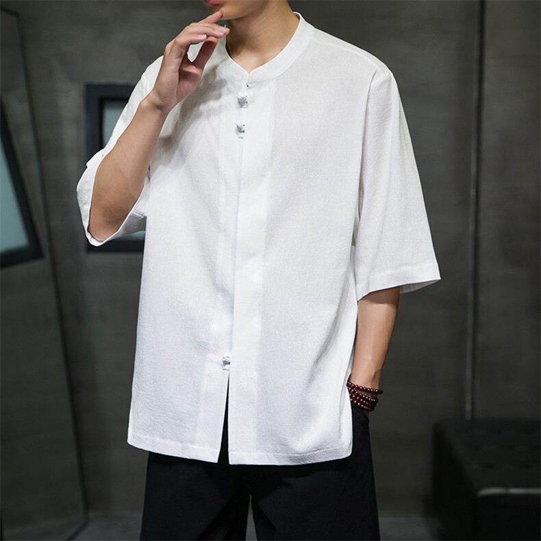 2023风男装盘扣唐装汉服五分袖短袖衬衫A203A-6809,男装T恤,星座815-1（原A203A）