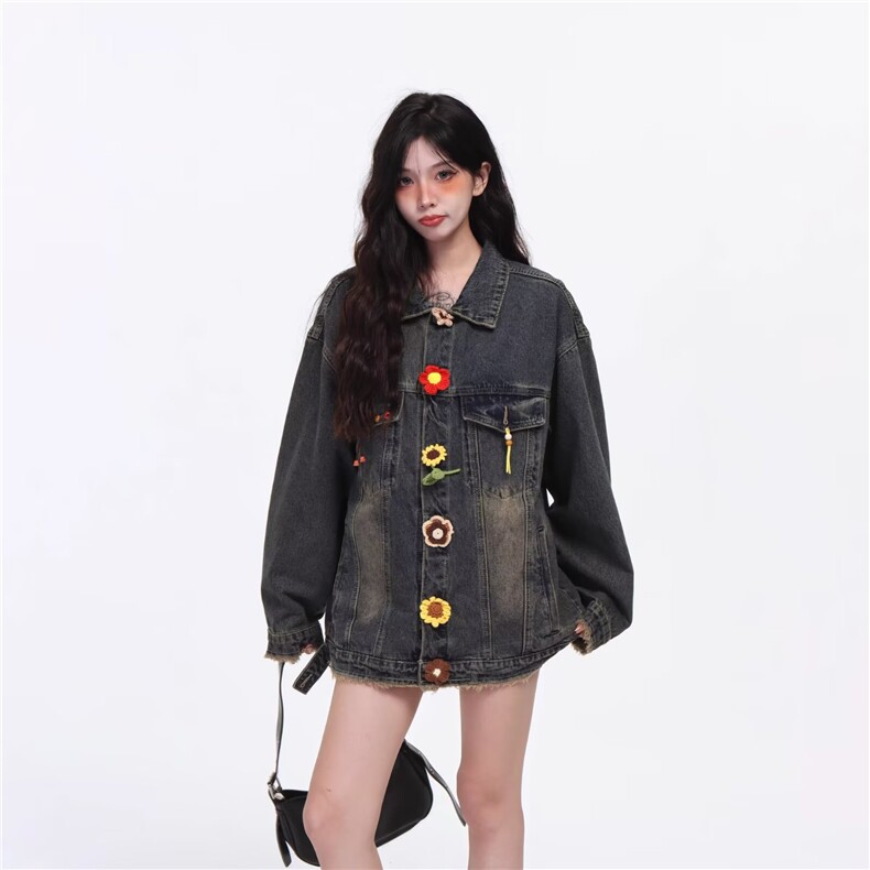 2580-P73做旧水洗牛仔外套女花朵2025新款设计感宽松百搭休闲,男装工装外套,电商B323A