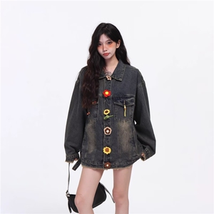 2580-P73 做旧水洗牛仔外套女花朵2025新款设计感宽松百搭休闲图片