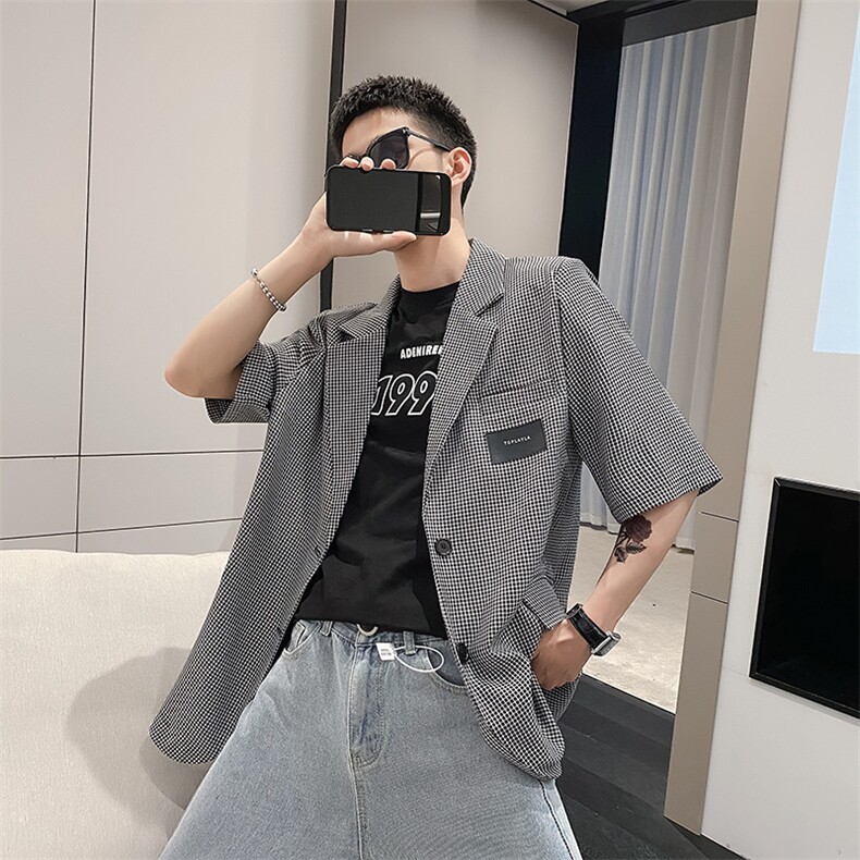 社会风秋千鸟格宽松贴标西装夹克上衣B297-7722-P75控105,男装夹克,电商B297
