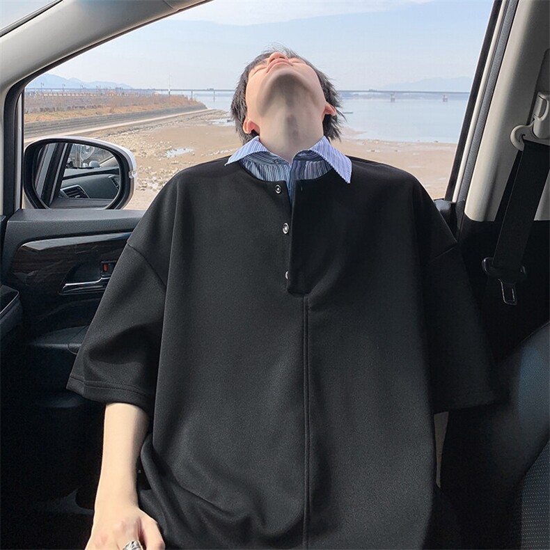 特批P30无差价夏季休闲假两件拼接条纹翻领宽松短袖T恤男T5117,男装T恤,电商A001-1