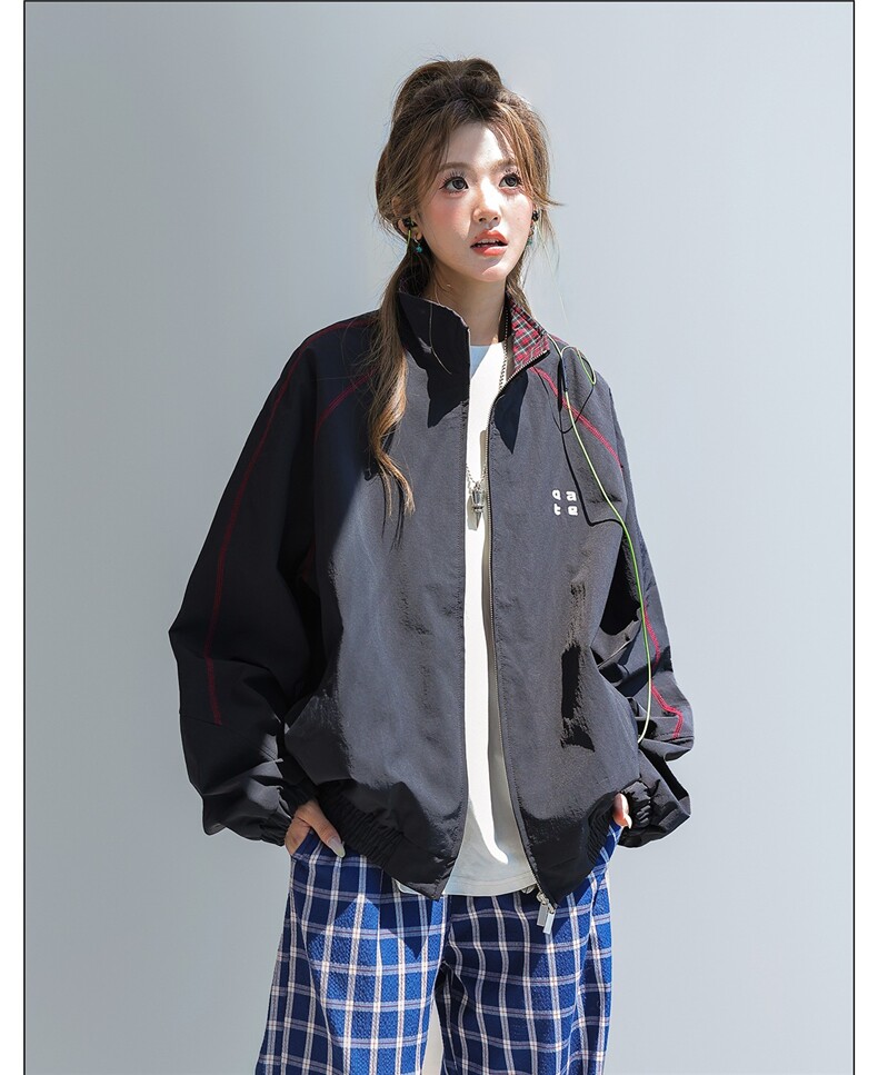 HY0831-P72明线立领拉链夹克女2025秋季新款宽松bf美式学院风外套,男装夹克,电商C233