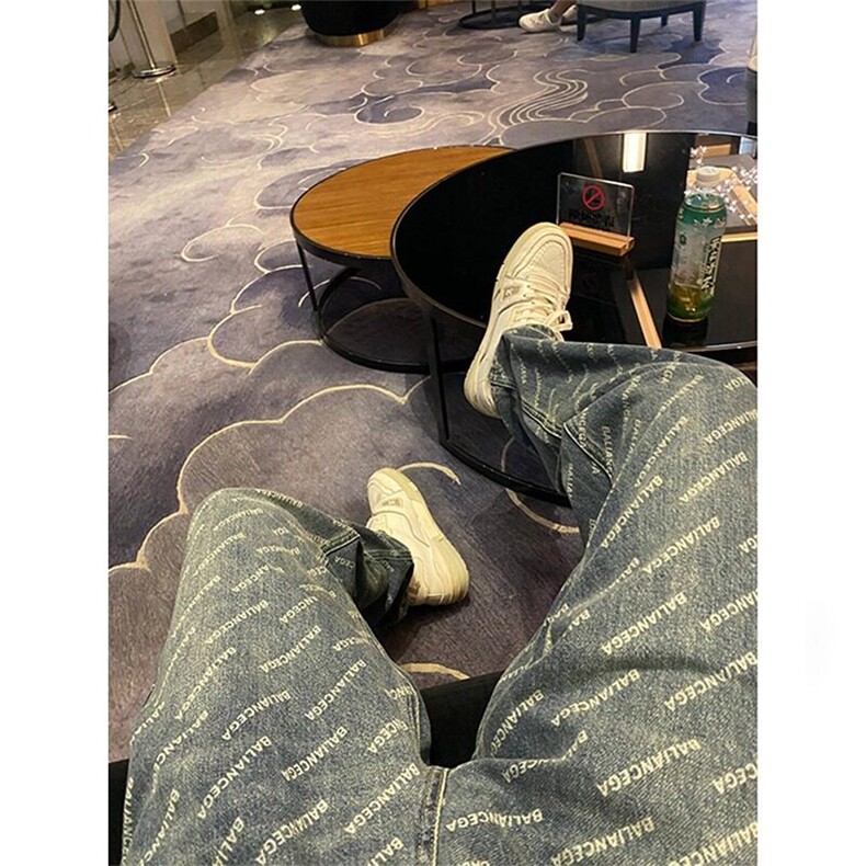 美式复古字母满印蓝色牛仔裤欧美高街hiphop裤子设计感高级长裤男,女装休闲裤,星座506A
