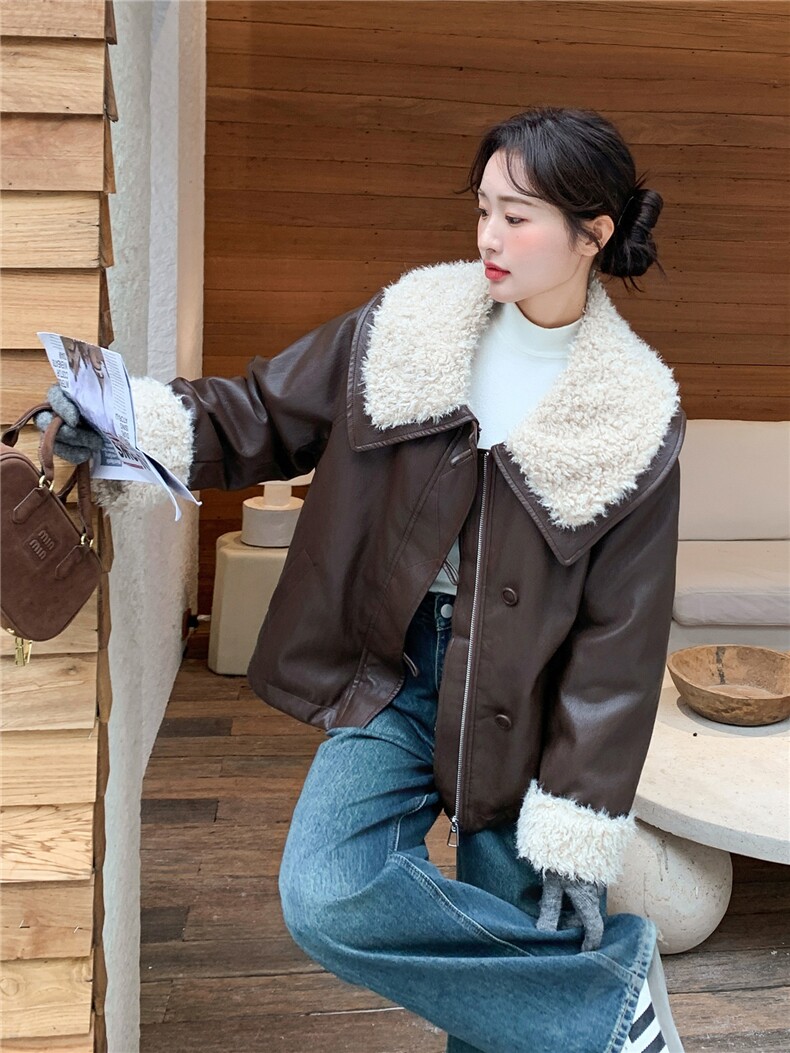 羊羔毛翻领加绒加厚皮衣外套女冬美拉德复古气质洋气上衣,女装皮衣,慧峰